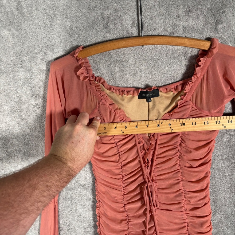 Majorelle Mini Jardin Dress Size S Pink Ruched Mesh Lace Up Long Sleeve Bodycon - Picture 11 of 14